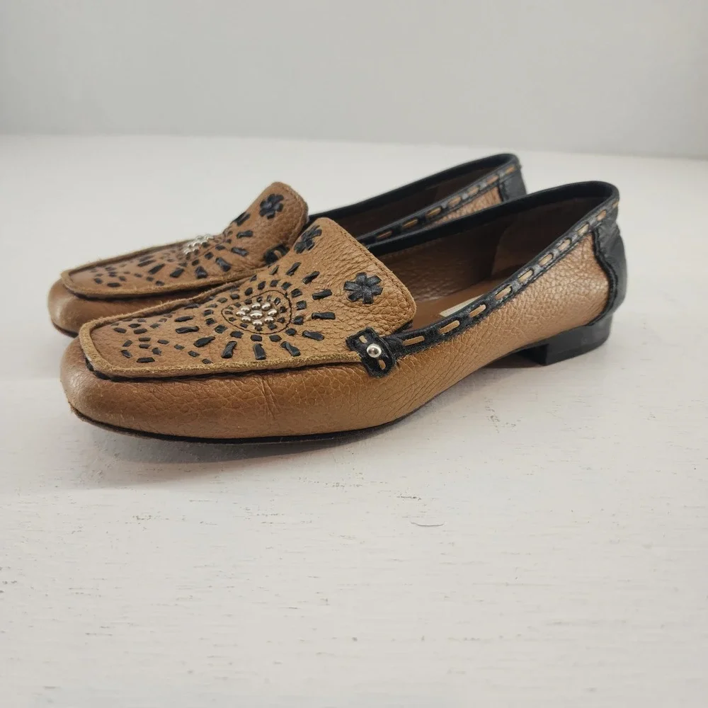 Brighton 6M | Kafka Brown Black Pebbled Leather Loafers Flats R4726‎ Womens